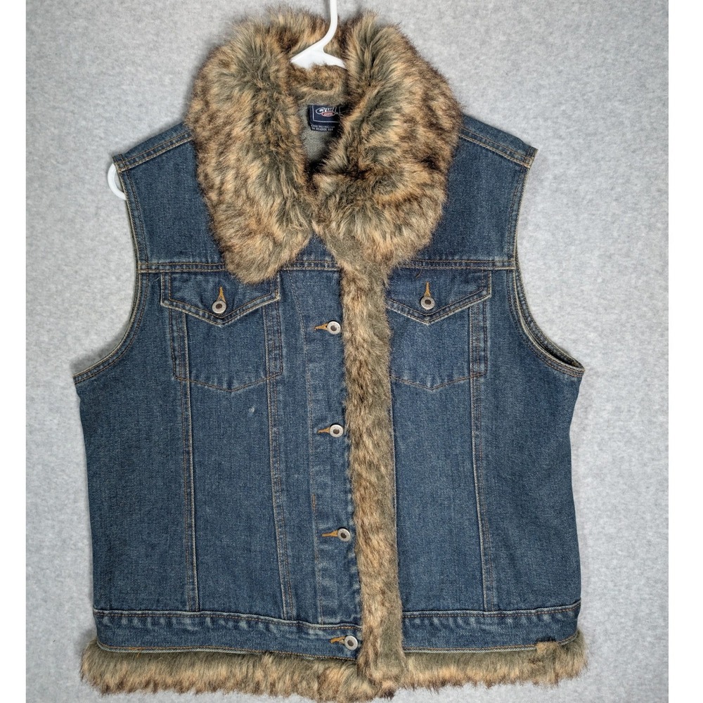 Cruel Girl Denim Vest Womens‎ Large Faux Fur Trim Blue Jean Western Boho Vintage